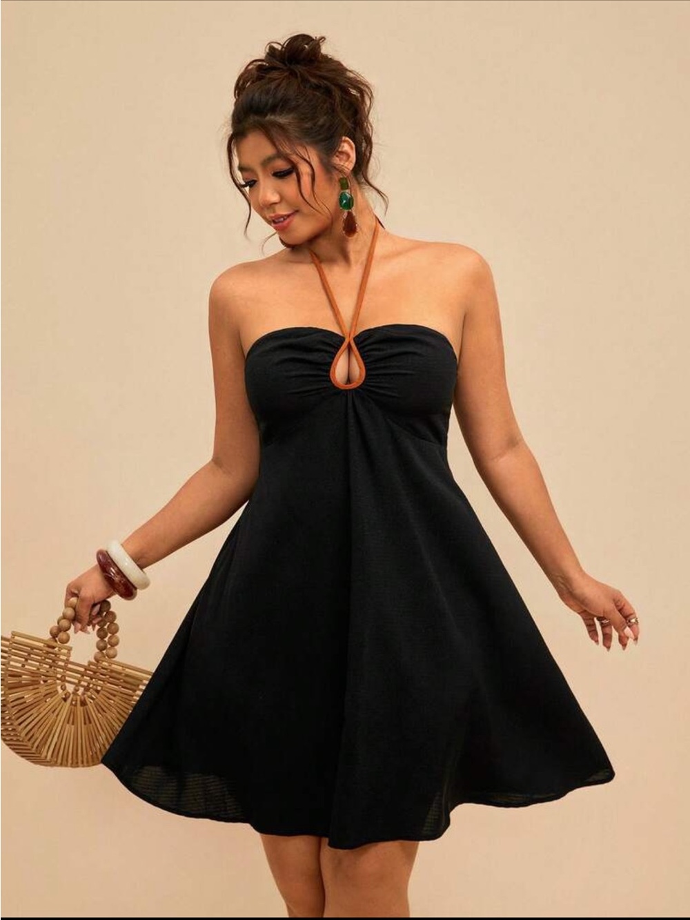 🌿5/$25 SHEIN Black Halter Mini Peephole Dress with Orange Halter Tie
